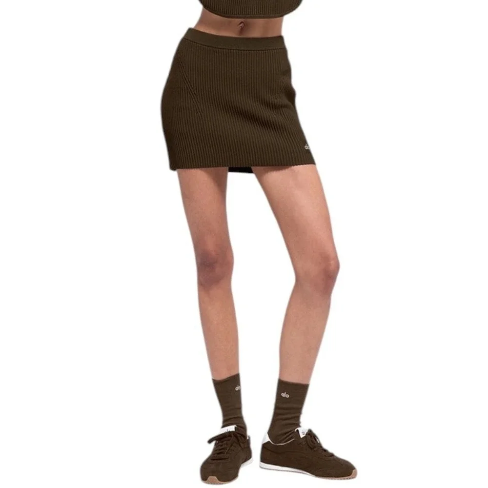 Alo Yoga Denim Knit High-Waist Skirt Women Small Espresso Ribbed Athletic